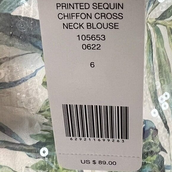 Bebe Sleeveless Blouse Tropical Chiffon Leaf Print Clear Sequins Size 6 NWT - Picture 9 of 13